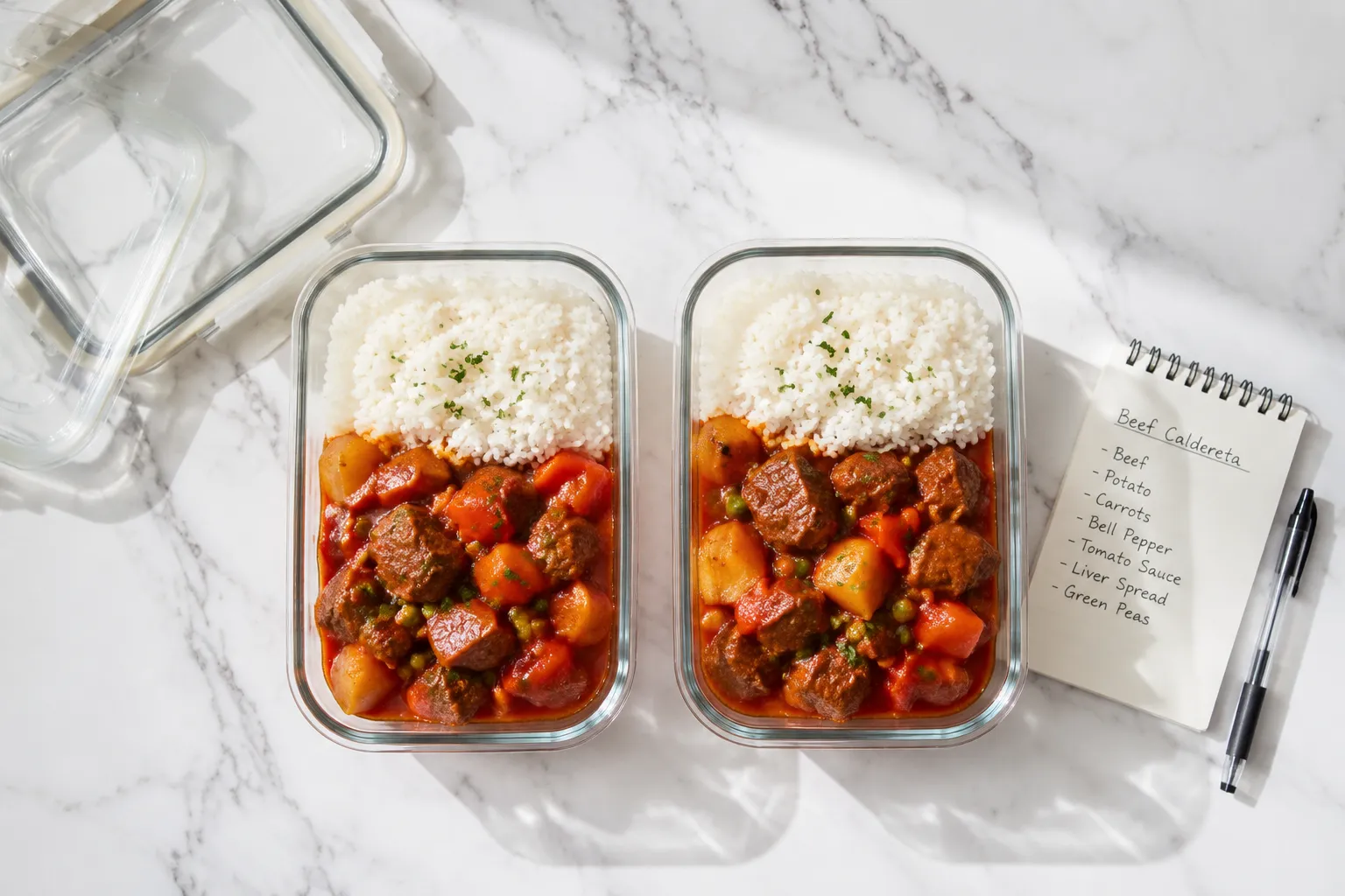 Leftover beef caldereta stored in glass meal prep containers with rice