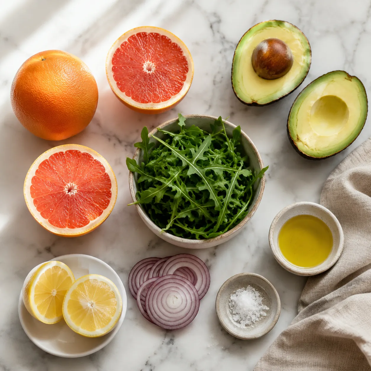 Cara cara orange salad ingredients flatlay with avocado and arugula