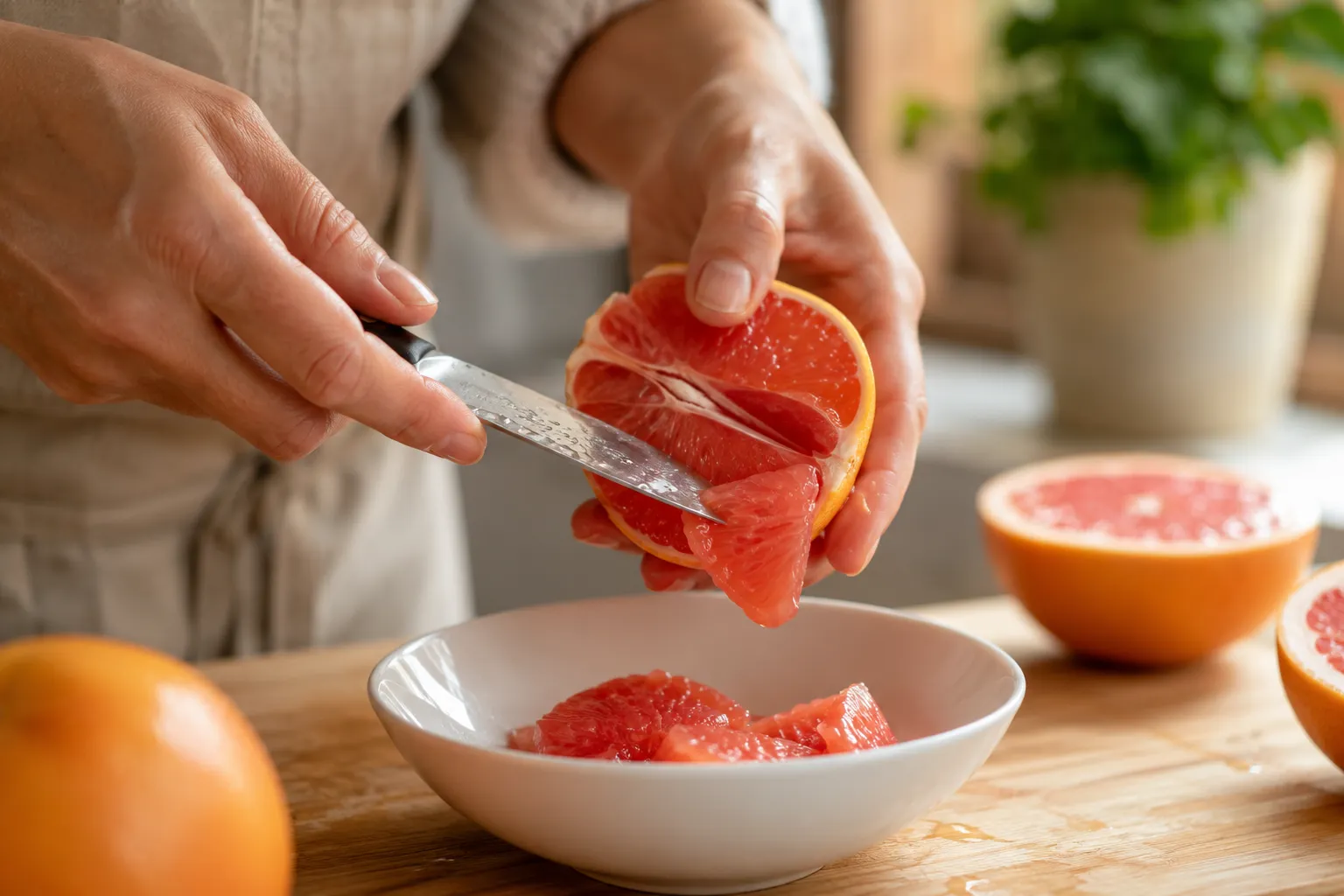 Hands supreming a cara cara orange to remove segments from membrane