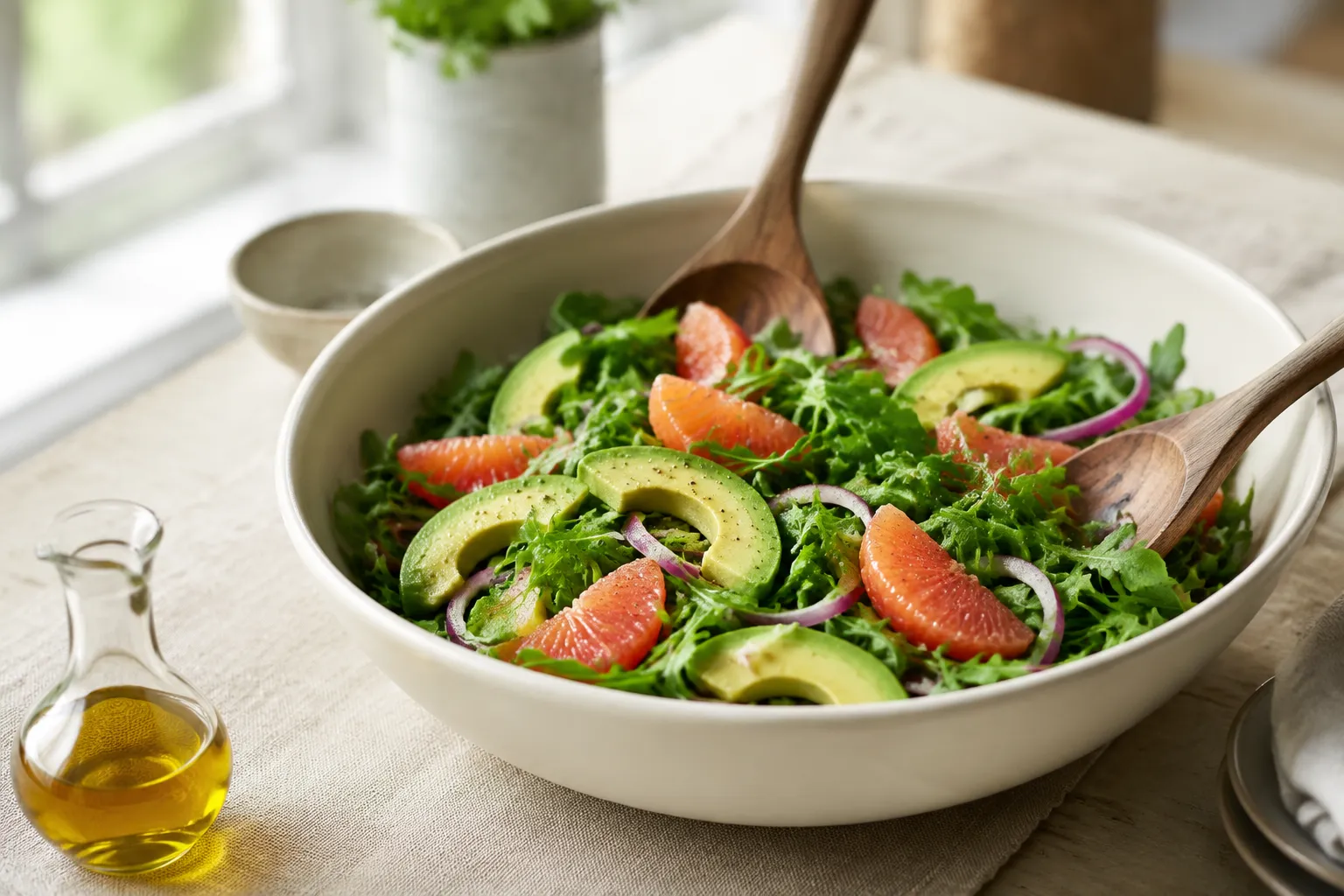 Cara cara orange and avocado salad being tossed in a ceramic bowl
