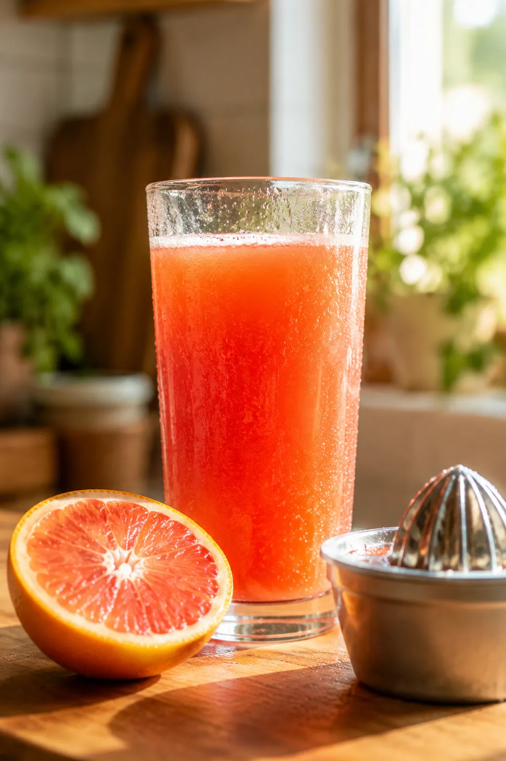 Glass of fresh-squeezed cara cara orange juice in morning light