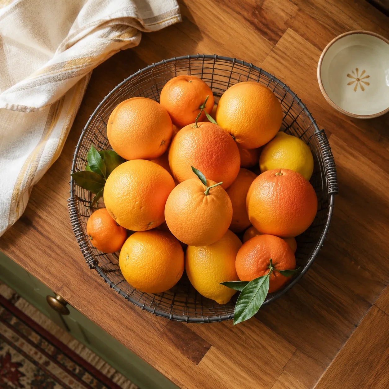 Cara cara oranges stored in a wire basket with winter citrus