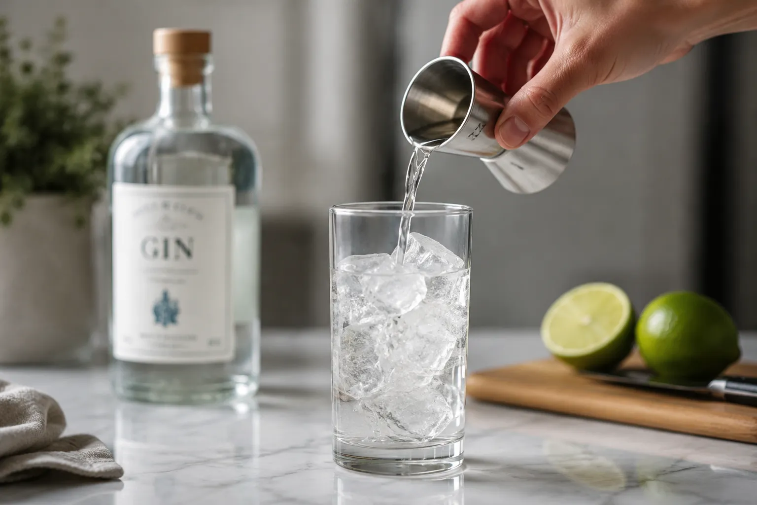 Pouring gin into a highball glass to start the gin and tonic recipe.