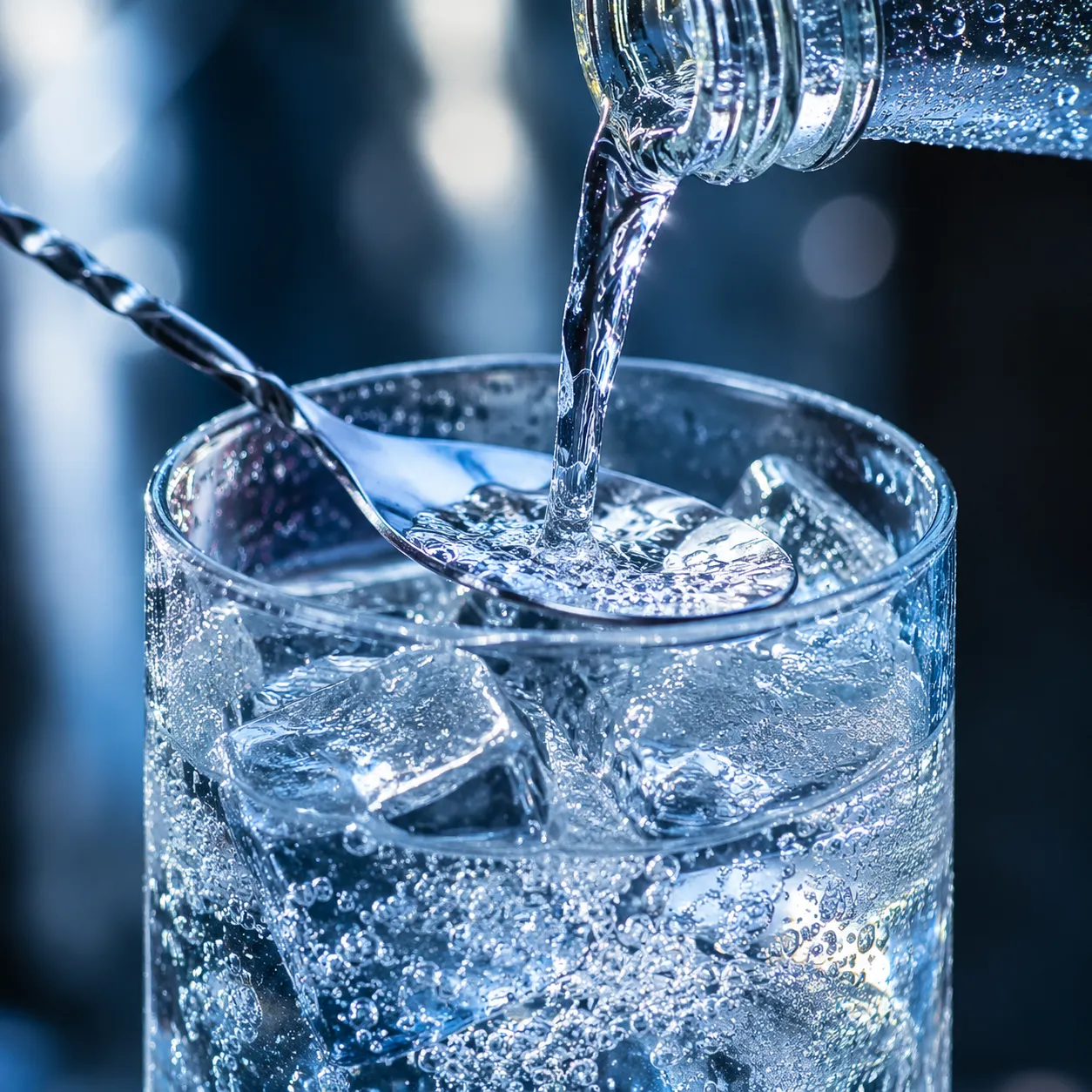 Tonic water poured over ice for a perfect gin and tonic recipe.