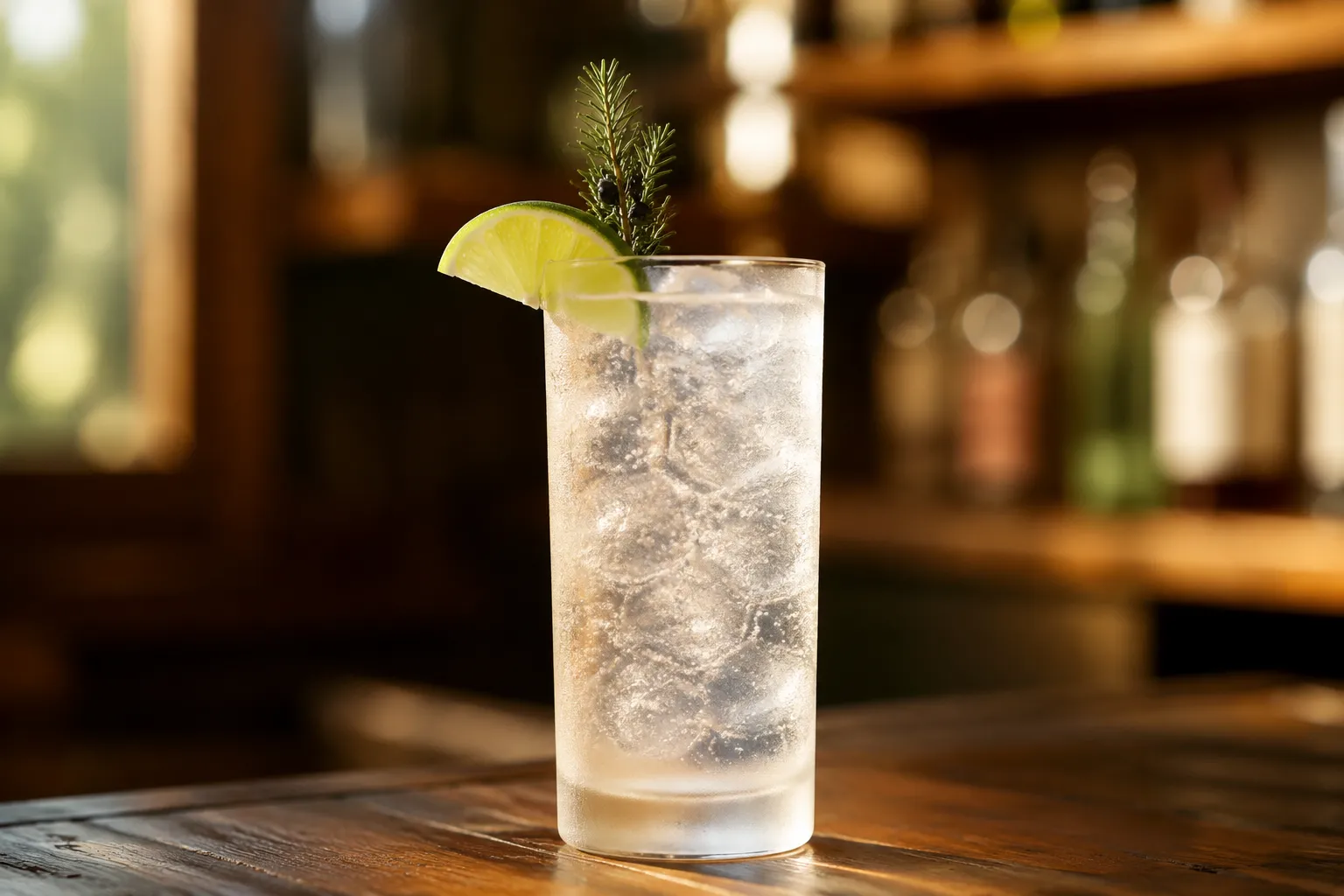 Finished classic gin and tonic recipe with lime wedge garnish.