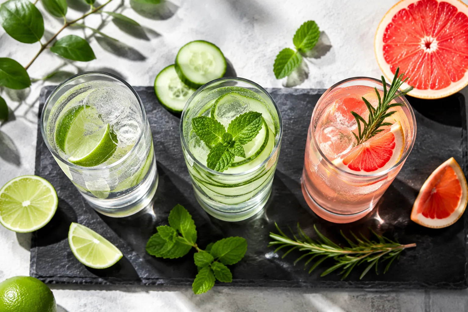 Gin tonic drink recipes with three variations: classic, cucumber, and grapefruit.