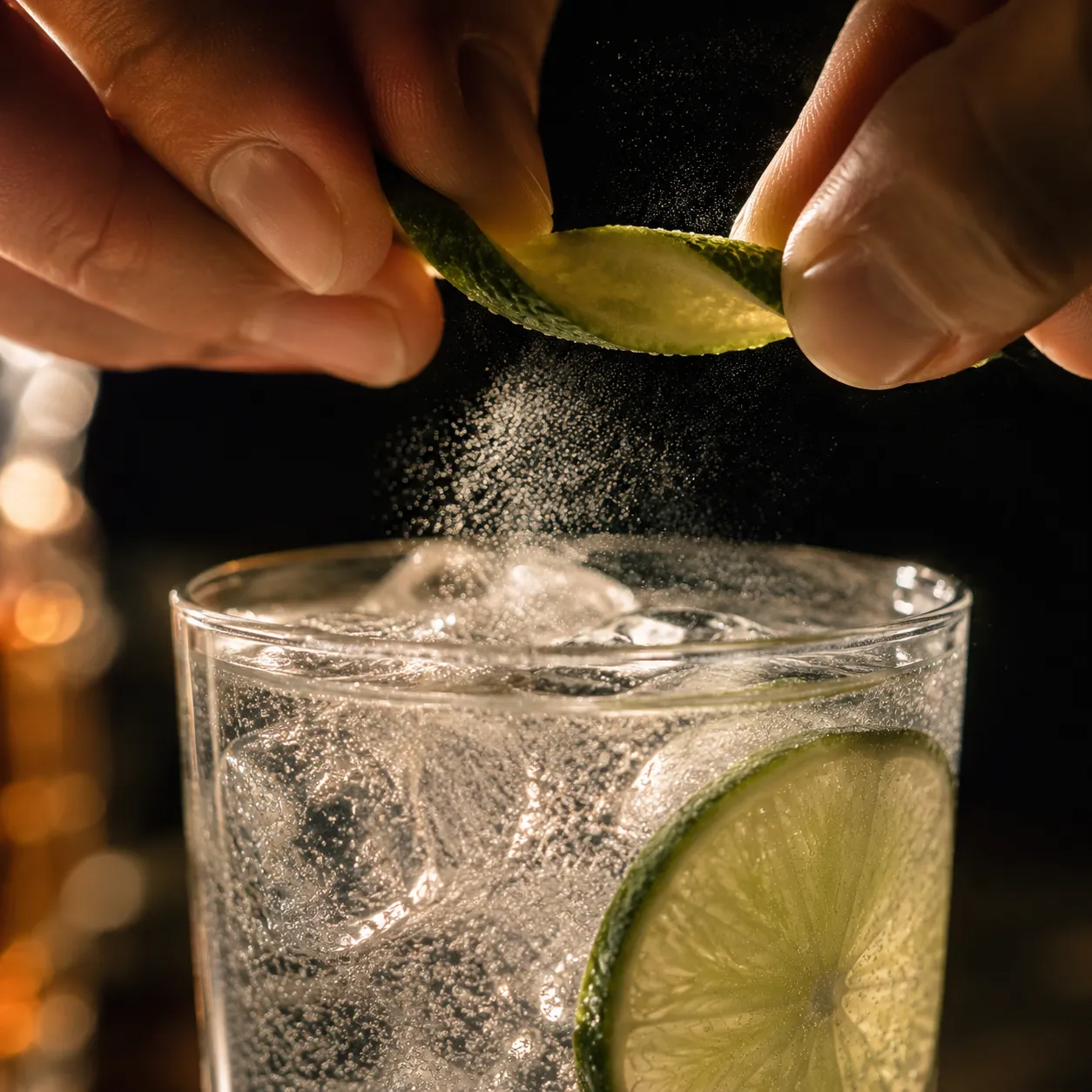 Expressing lime peel oils over a gin and tonic for extra aroma.