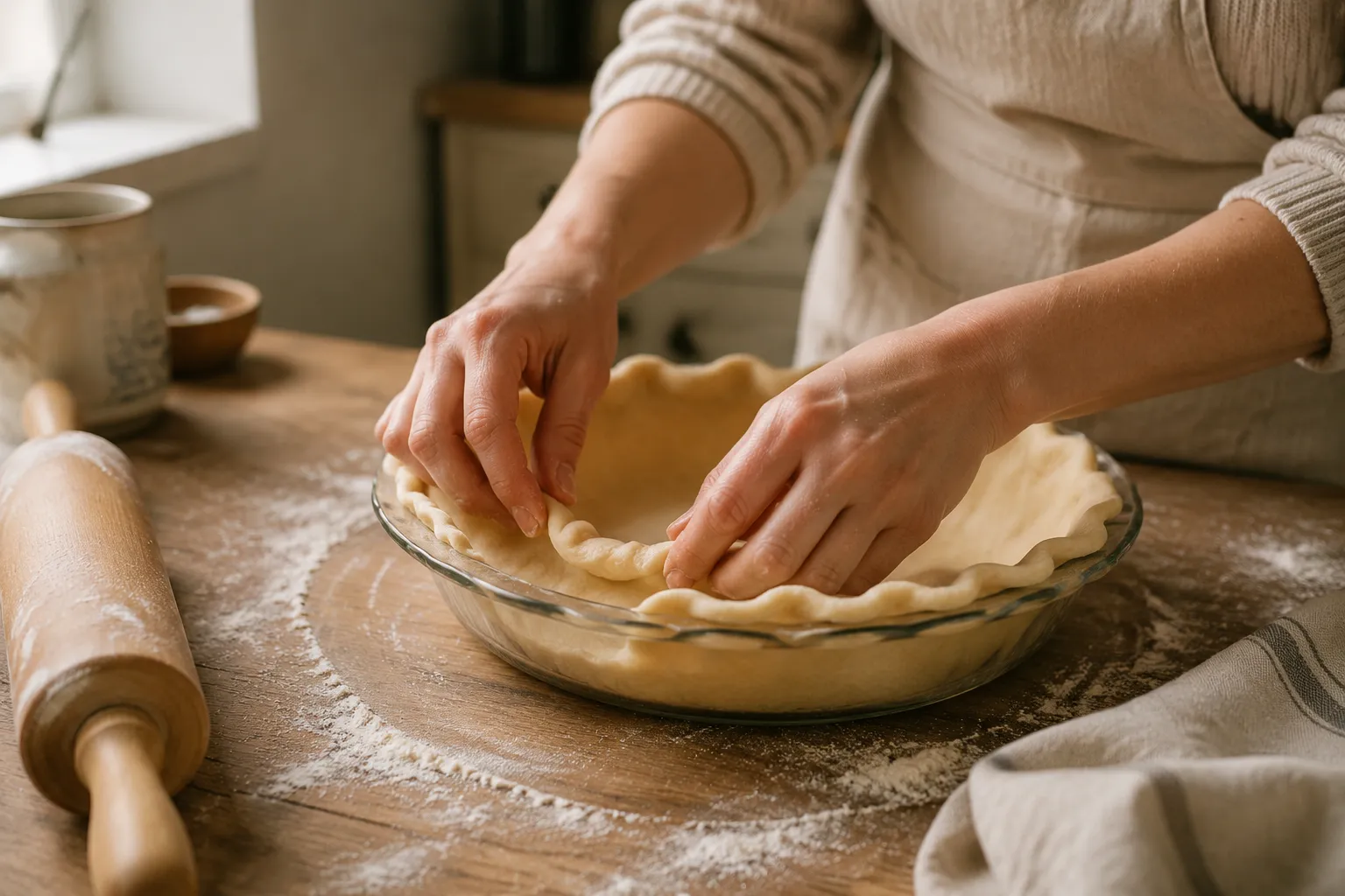 Pressing flaky pie crust into pie plate for lemon meringue pie