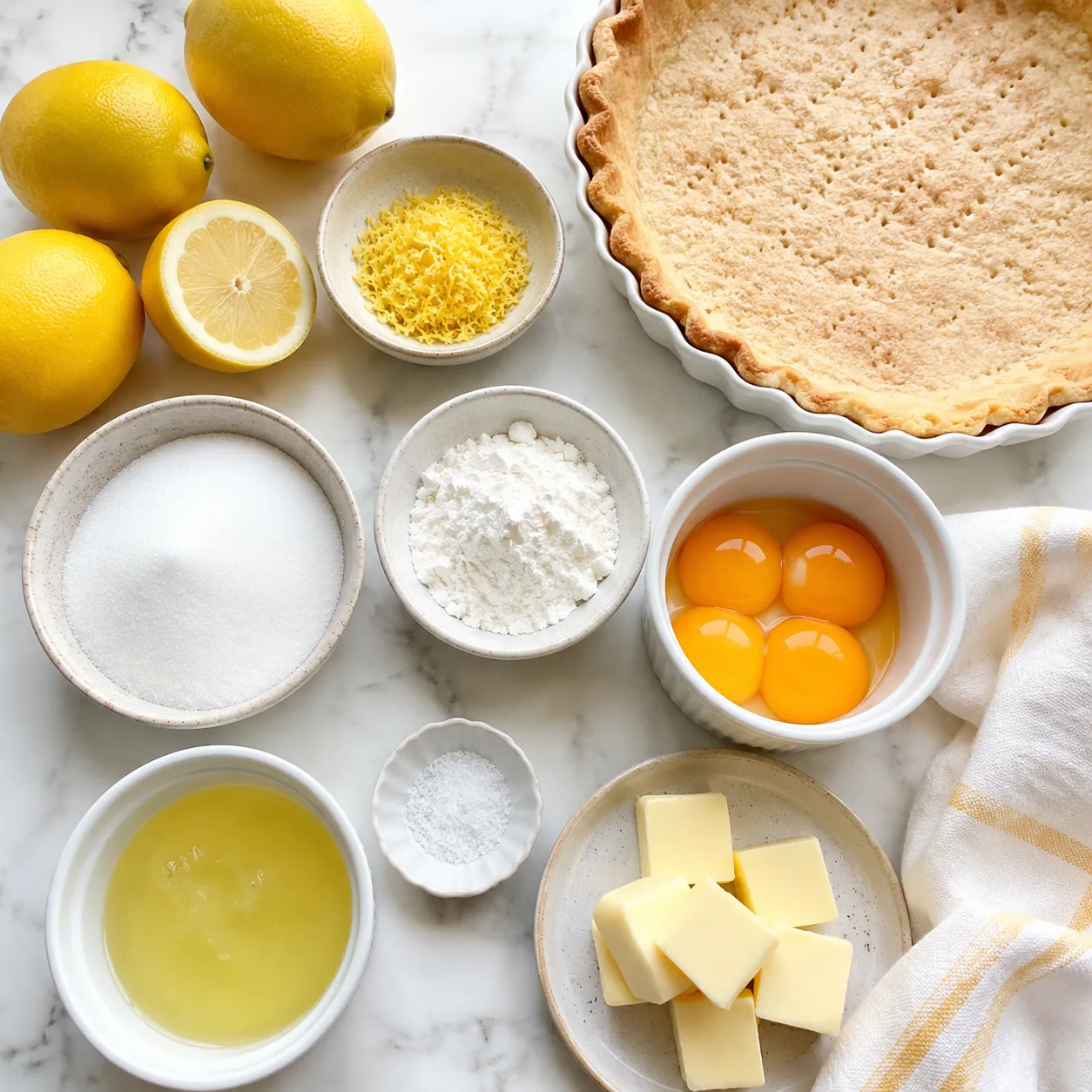 Lemon meringue pie ingredients flatlay with fresh lemons and eggs