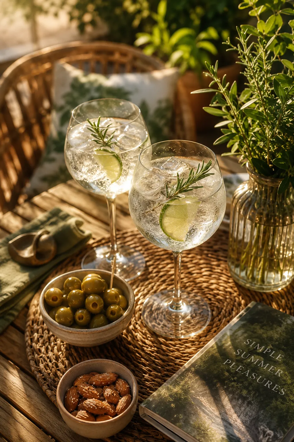 Gin and tonic recipe served on a patio with light summer snacks.