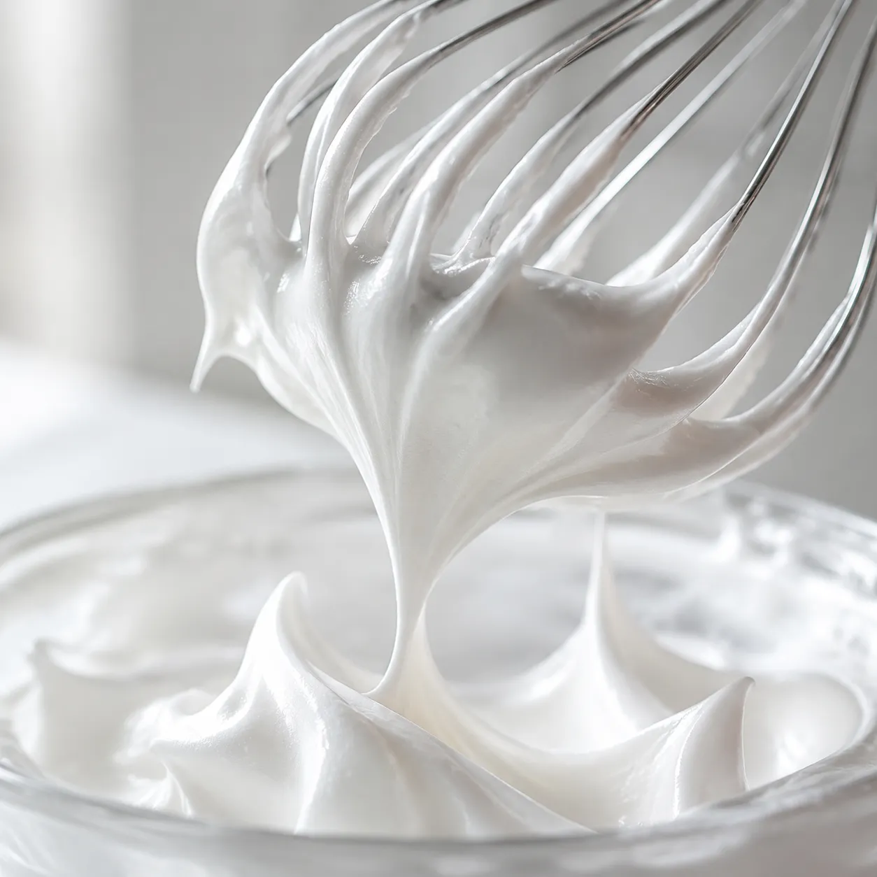 Stiff glossy meringue peaks on a whisk for lemon meringue pie