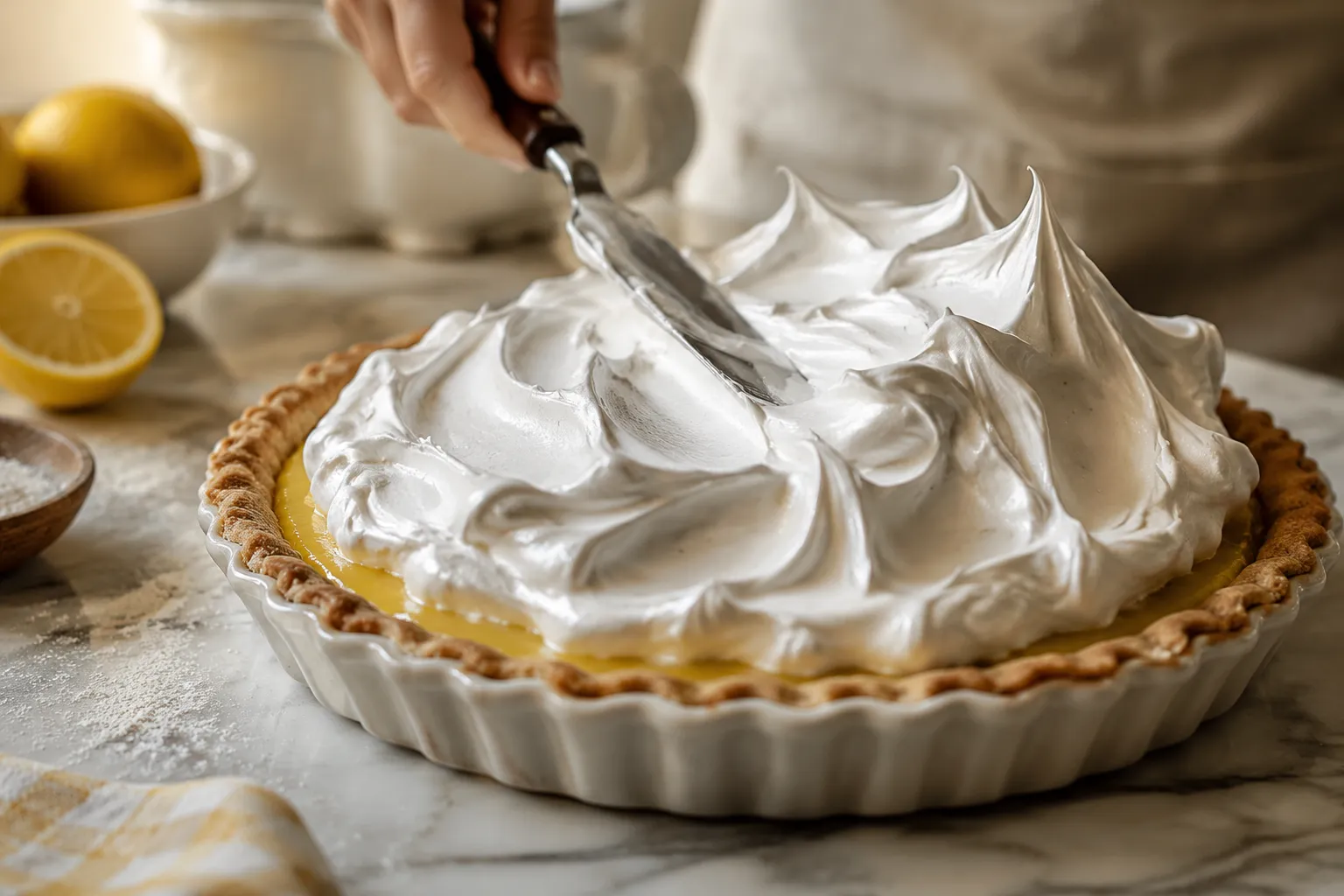 Spreading meringue topping onto hot lemon filling in pie crust
