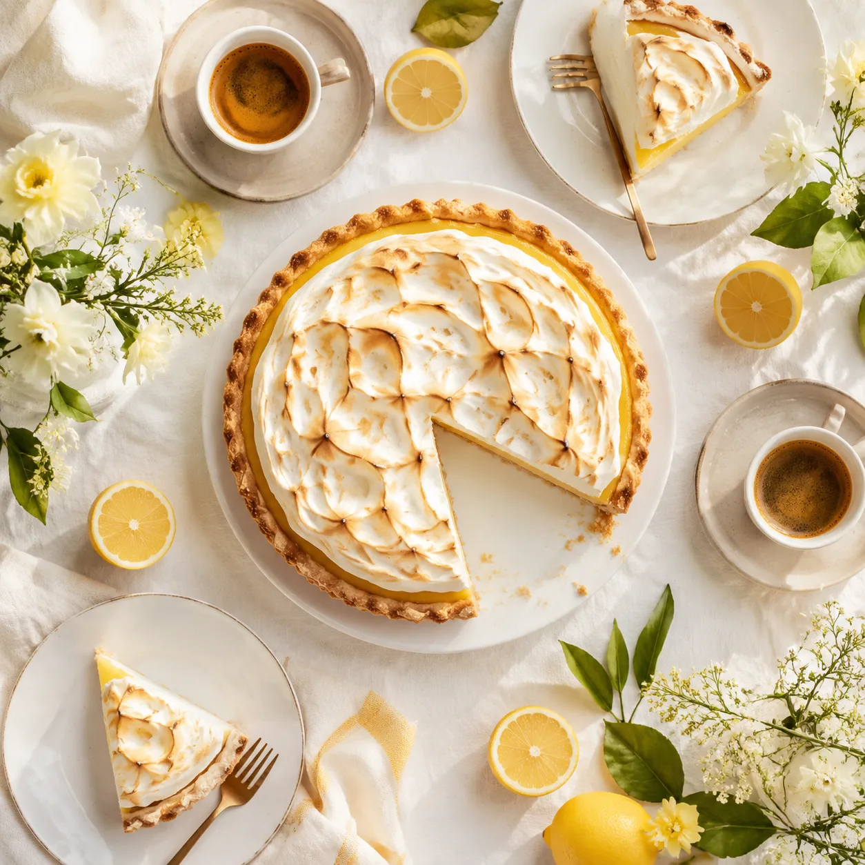 Lemon meringue pie served on a spring table with coffee and lemons