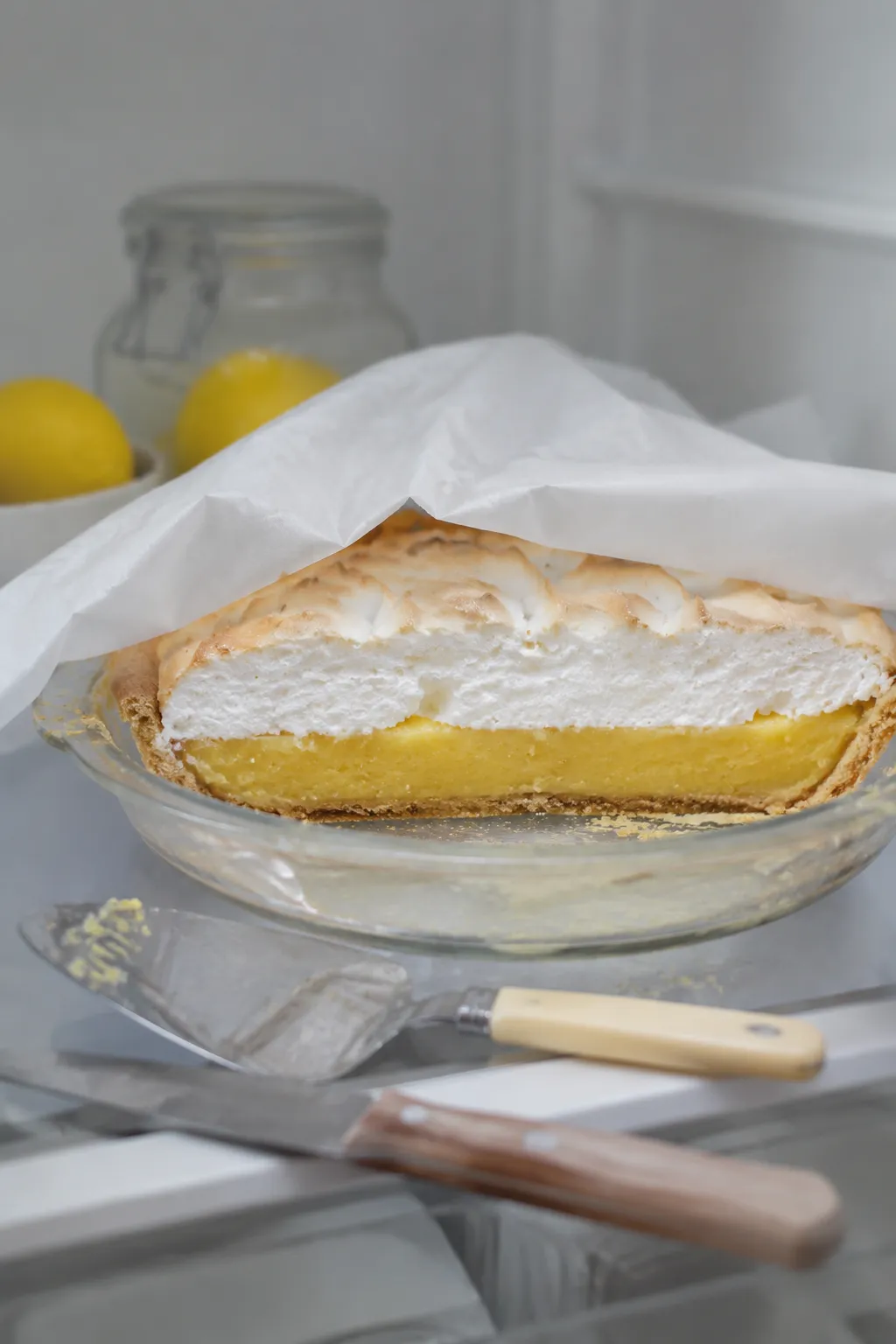 Storing leftover lemon meringue pie covered in the refrigerator