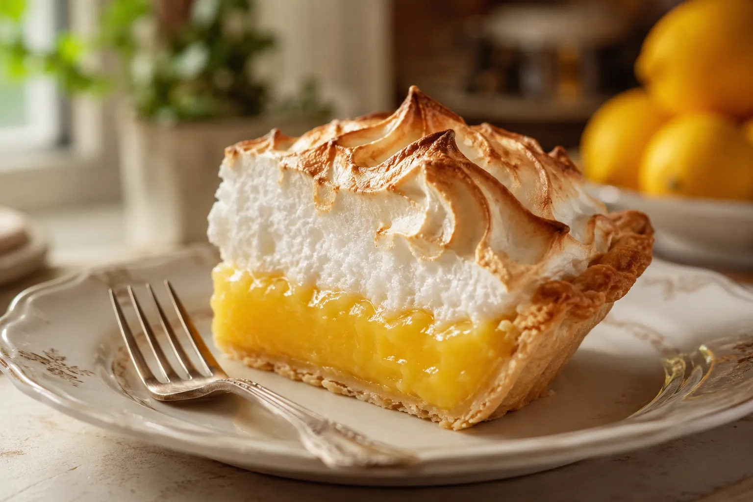 Slice of homemade lemon meringue pie showing curd and meringue layers