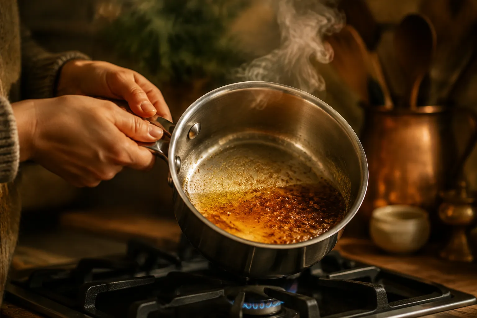 Browning butter for chewy macadamia nut cookies in a stainless saucepan