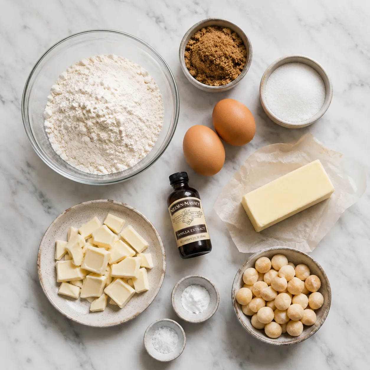 Ingredients for white chocolate macadamia nut cookies arranged on marble