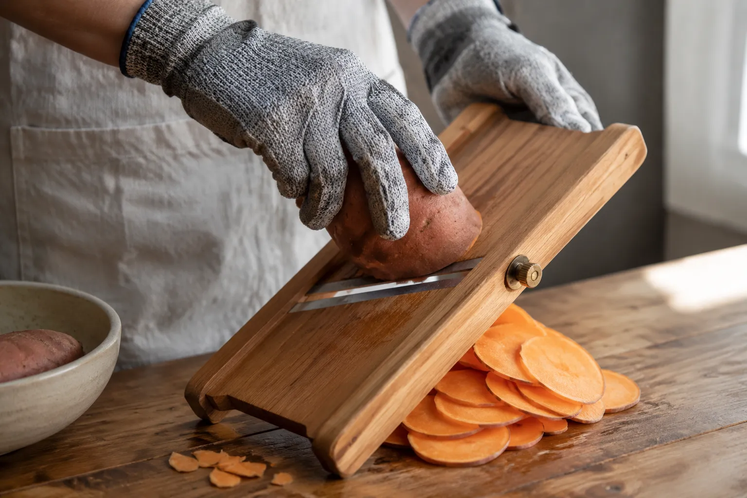 Slicing sweet potato into thin rounds on a mandoline for chips