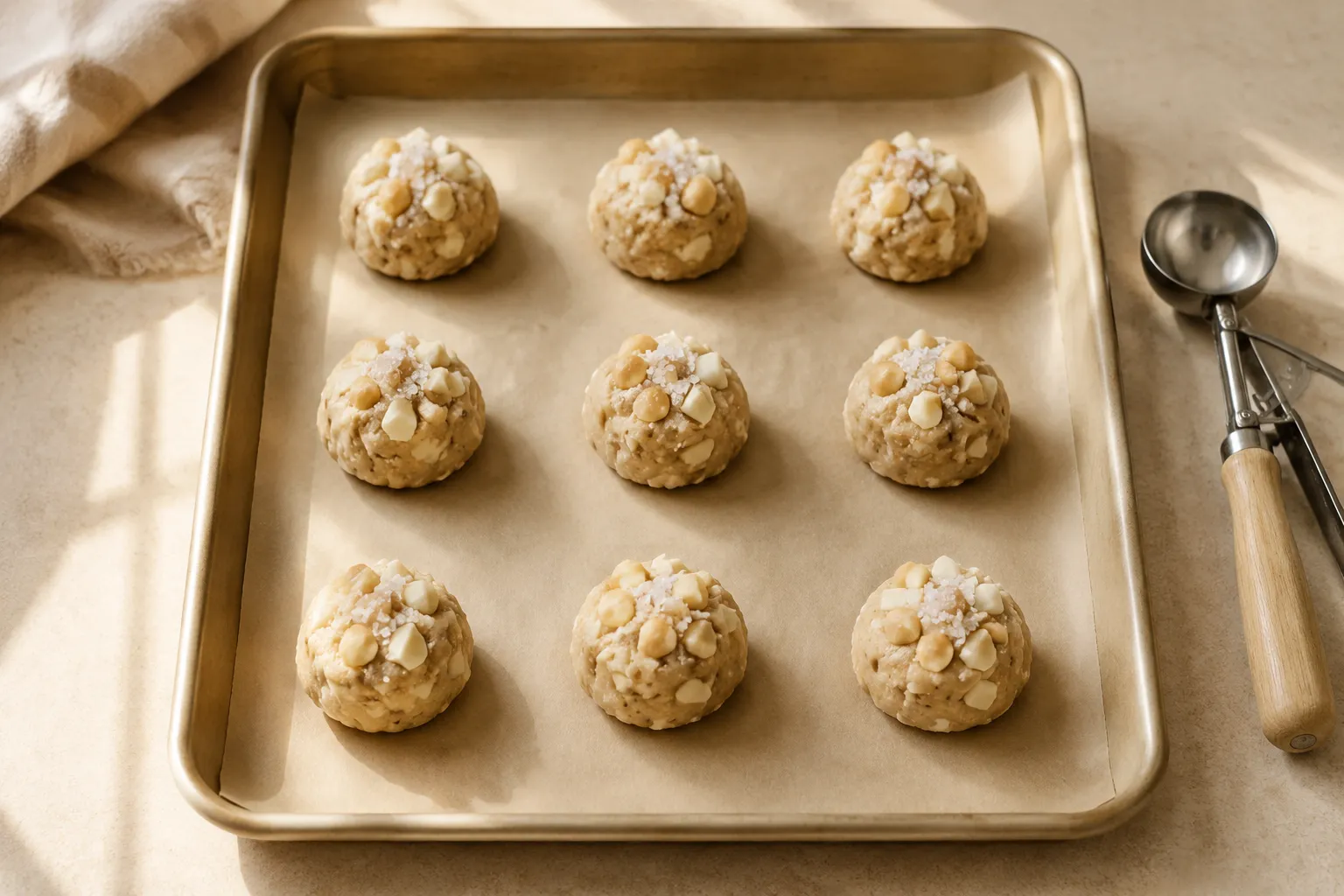 Scooped white chocolate macadamia nut cookie dough balls on a parchment baking sheet