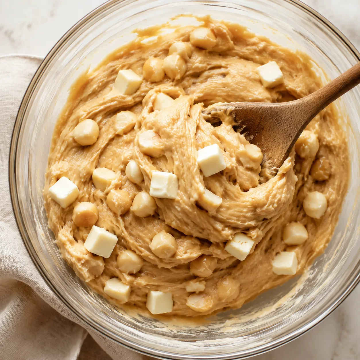White chocolate macadamia nut cookie dough being mixed in a glass bowl