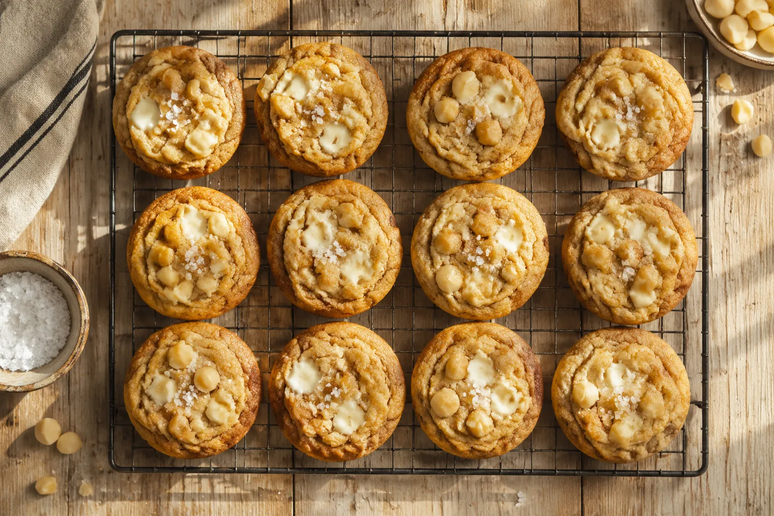 Freshly baked white chocolate macadamia nut cookies cooling on a wire rack