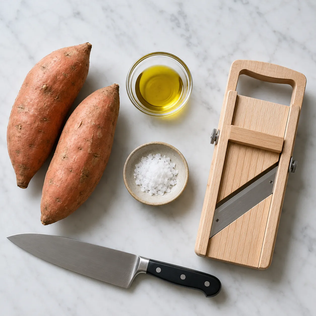 Sweet potato chips ingredients flatlay with olive oil and sea salt