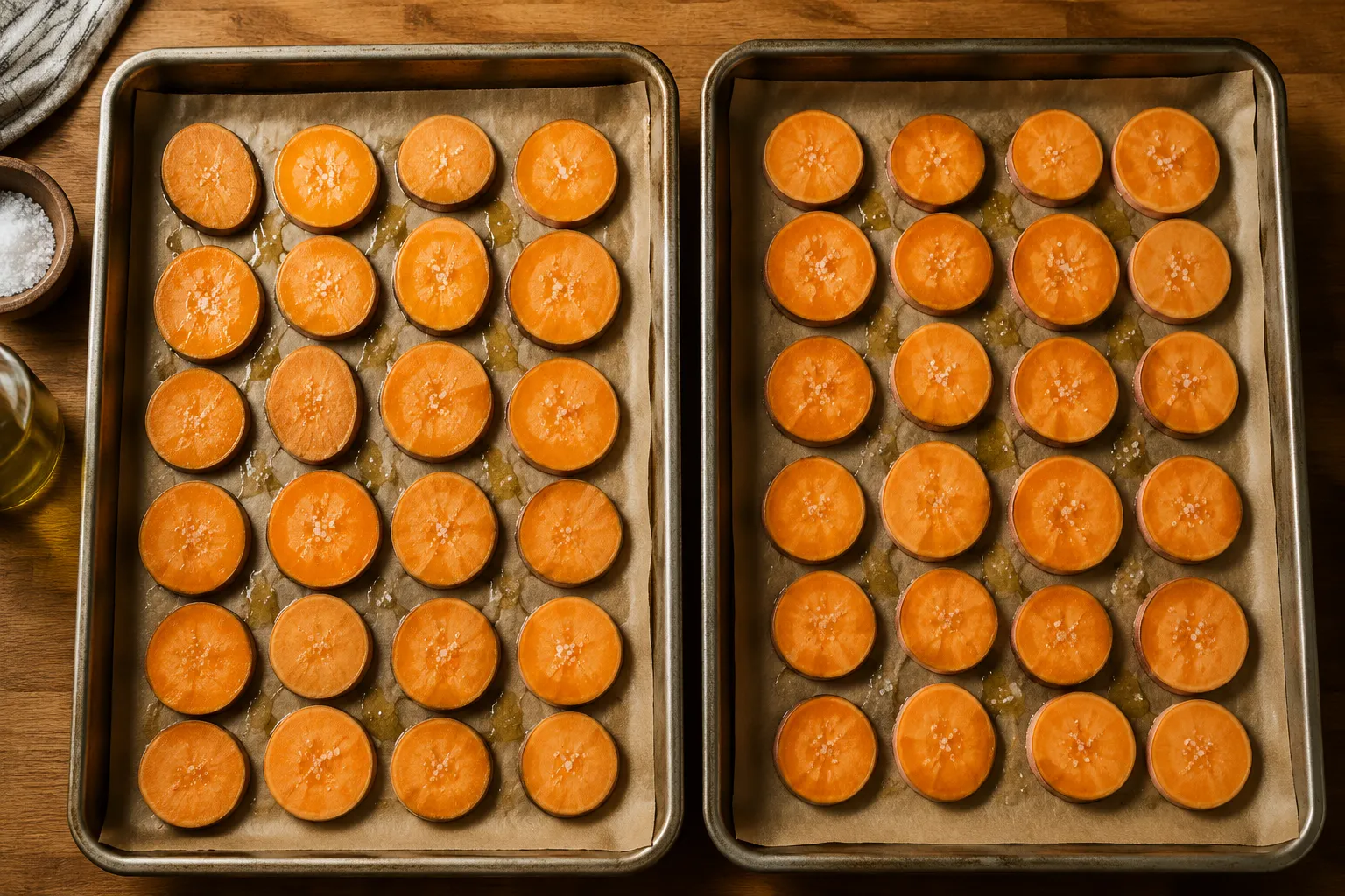 Sweet potato slices arranged on parchment for baking in oven