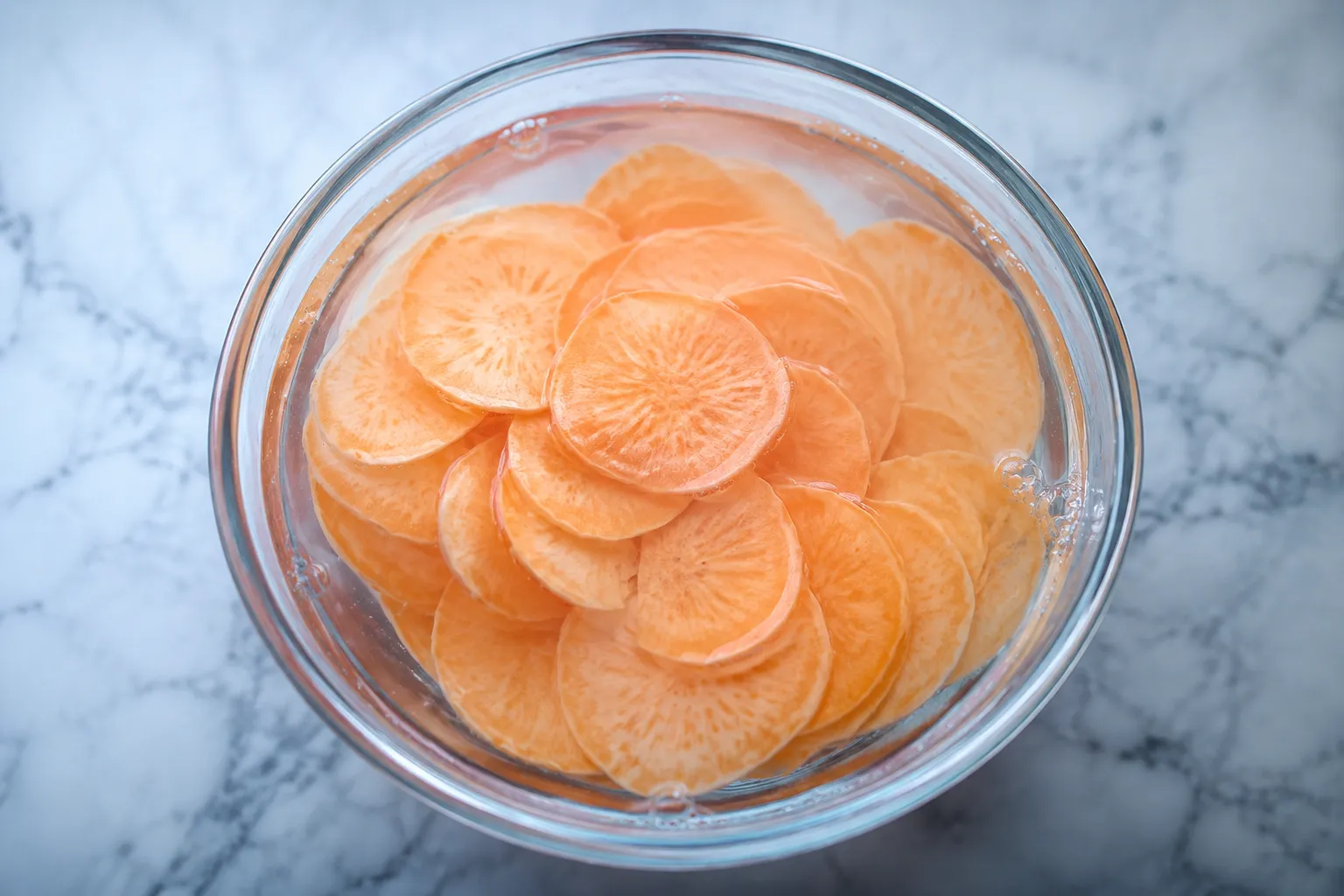 Sweet potato slices soaking in cold water for crispy baked chips
