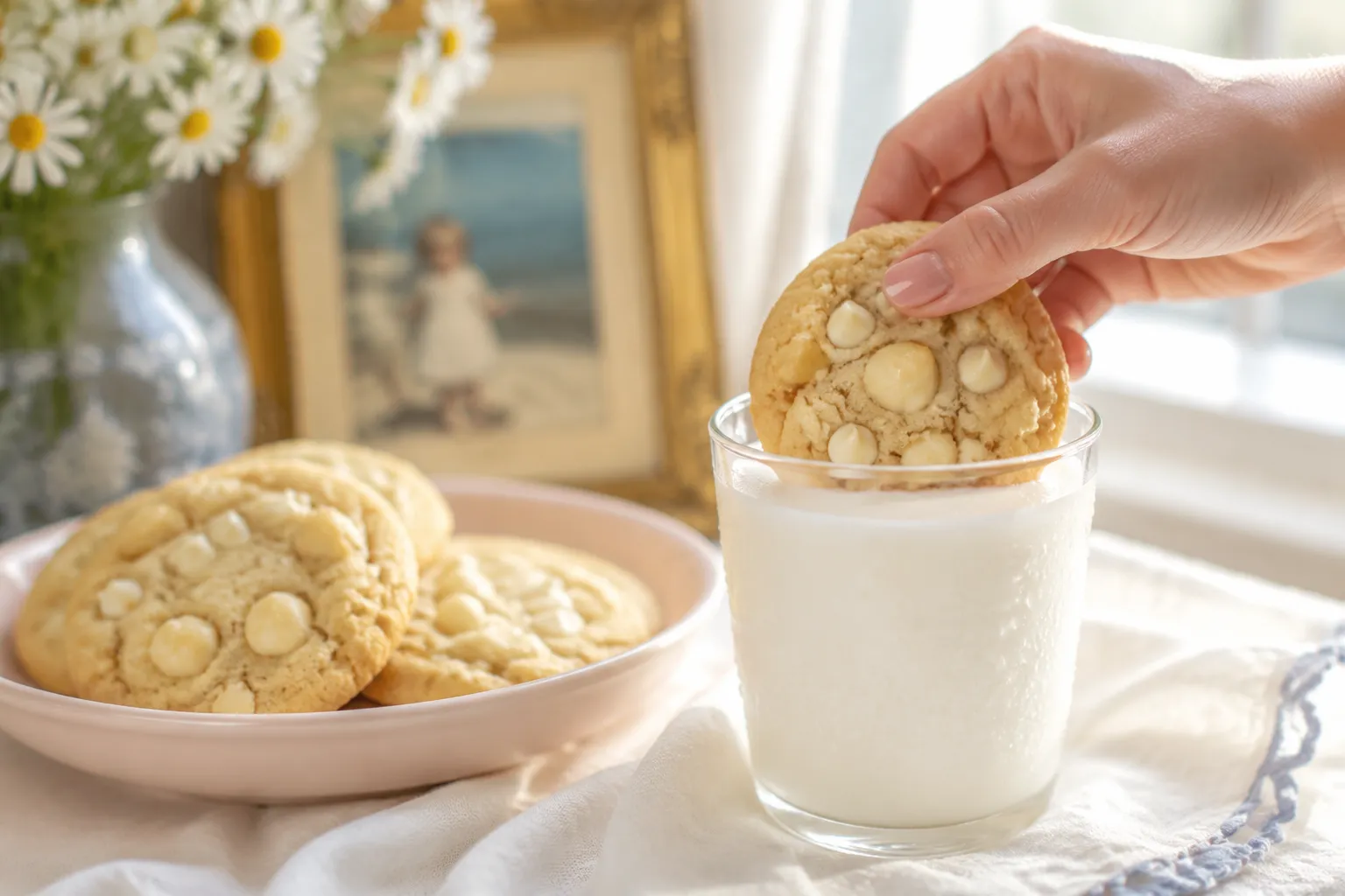 White chocolate macadamia nut cookie dunked into a glass of cold milk