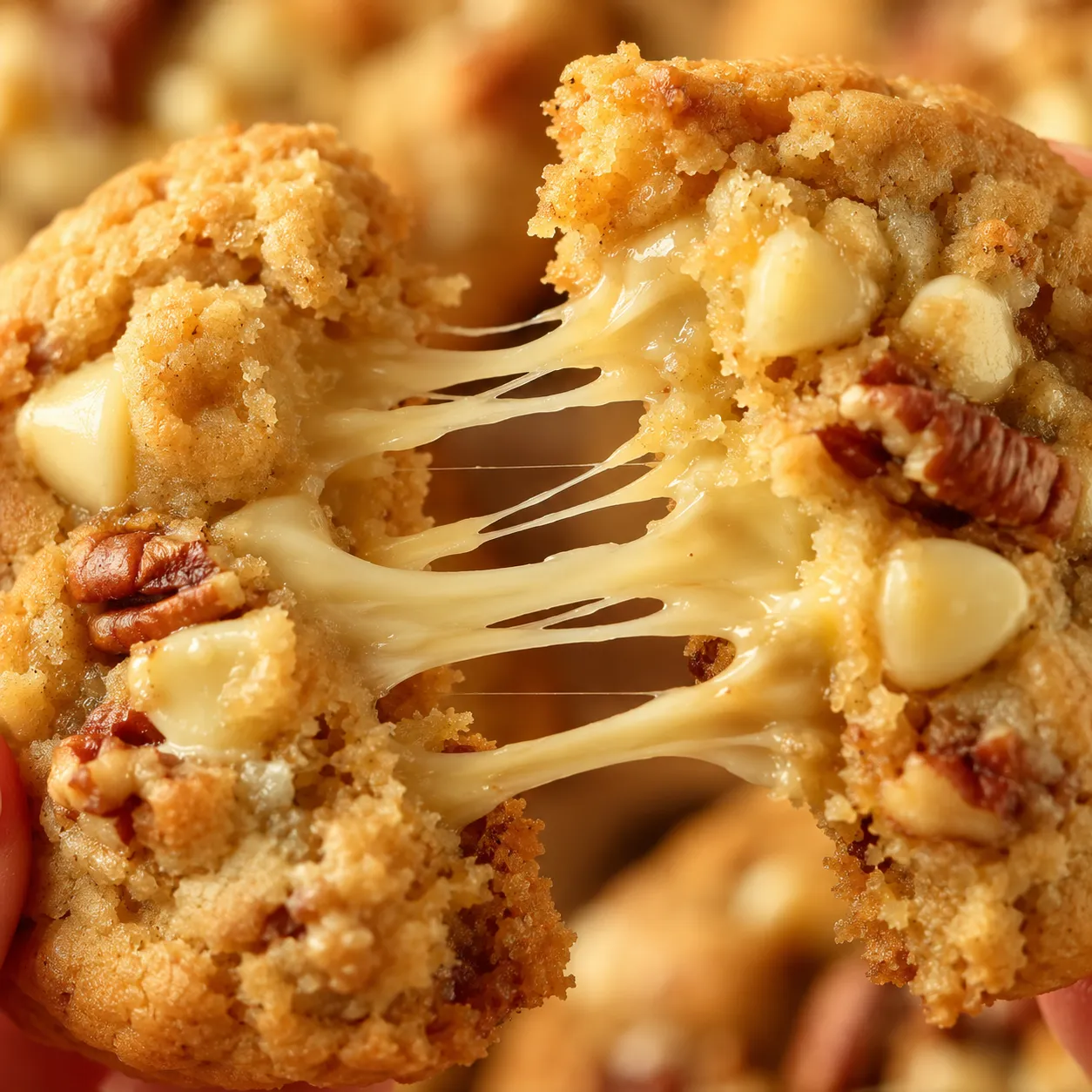 Close-up of a chewy white chocolate macadamia nut cookie pulled apart