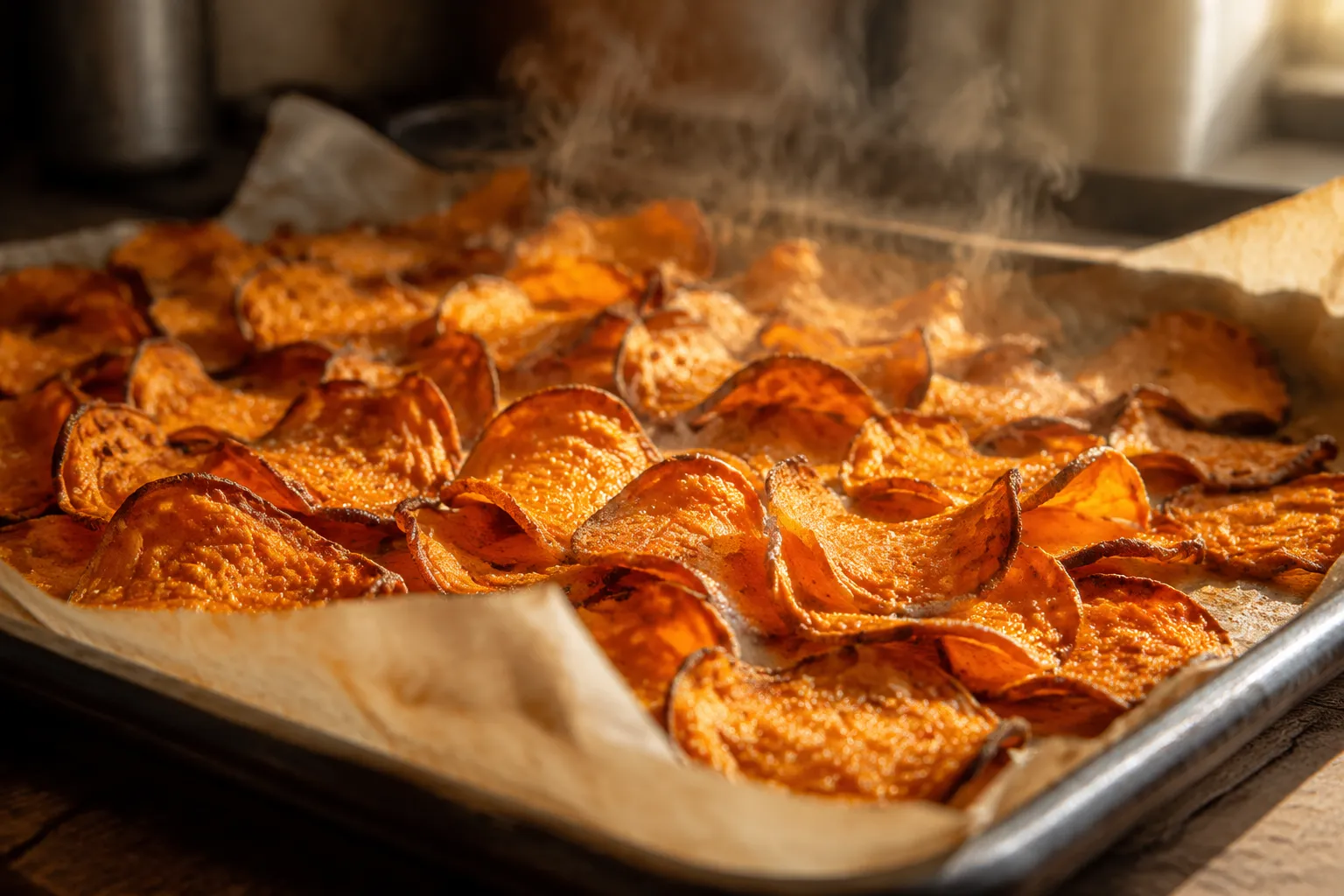 Crispy baked sweet potato chips fresh from the oven on parchment