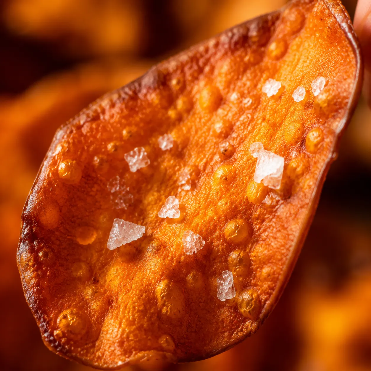 Macro close-up of a crispy sweet potato chip with sea salt flakes