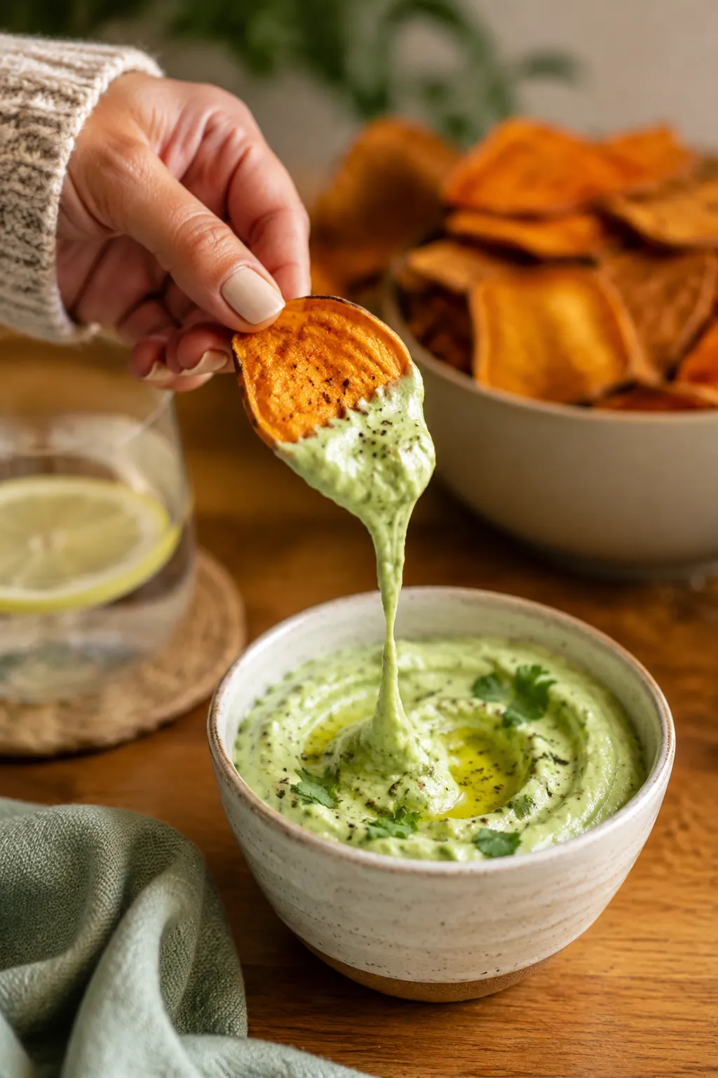 Hand dipping a homemade sweet potato chip into avocado yogurt dip