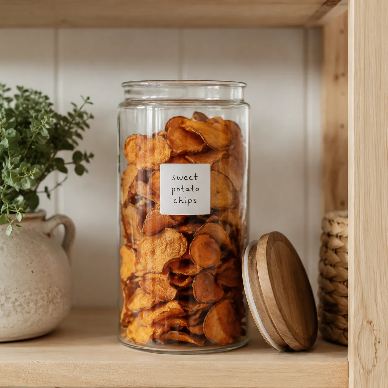 Homemade sweet potato chips stored in a glass jar to stay crispy