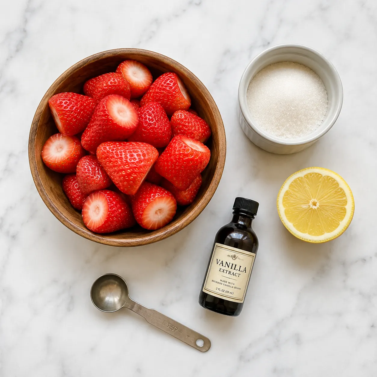Strawberry puree ingredients flatlay with fresh strawberries, sugar, and lemon