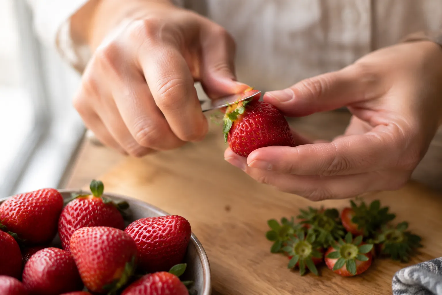 Hulling fresh strawberries for homemade strawberry puree
