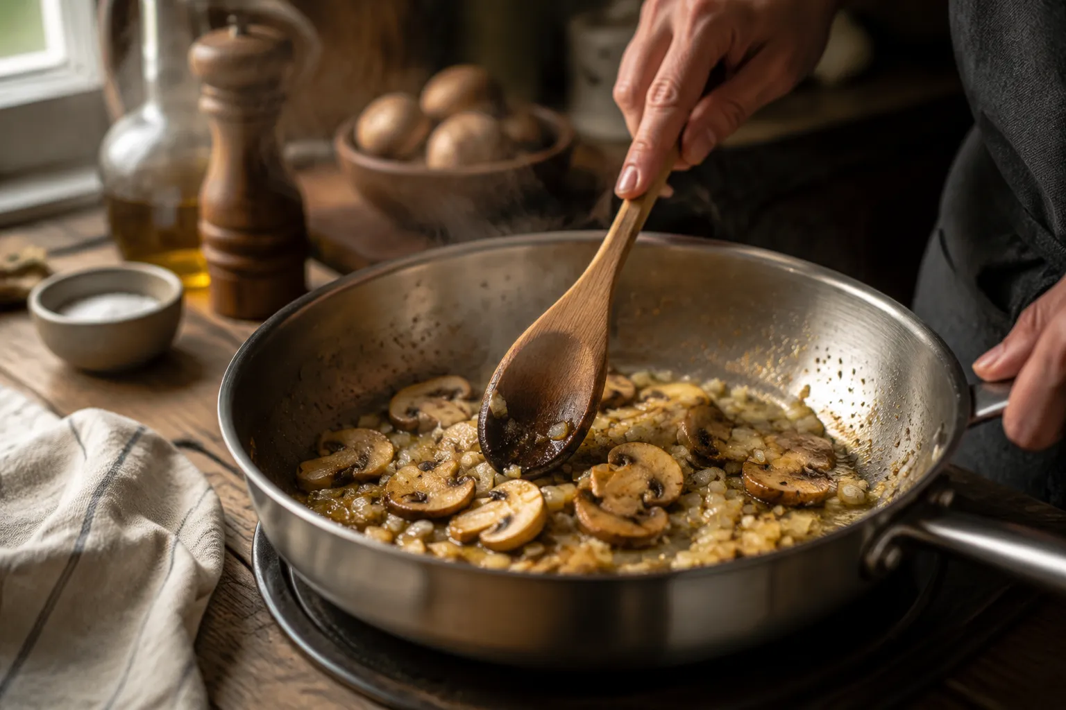 Sautéing mushrooms and onions for homemade turkey tetrazzini sauce