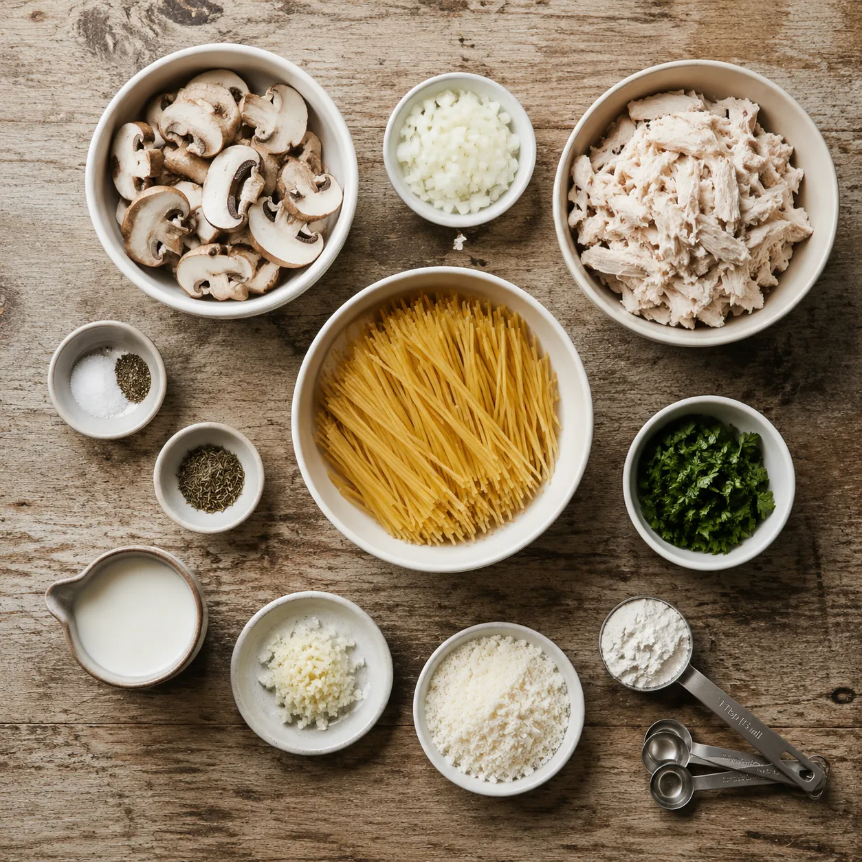 Turkey tetrazzini ingredients flatlay with leftover turkey, mushrooms, pasta, and parmesan