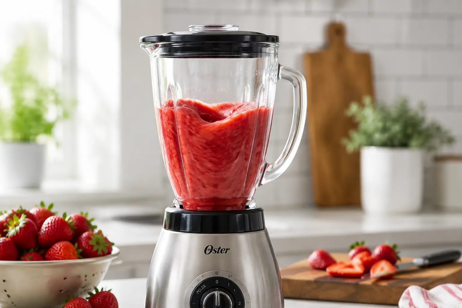 Blending fresh strawberries into smooth strawberry puree
