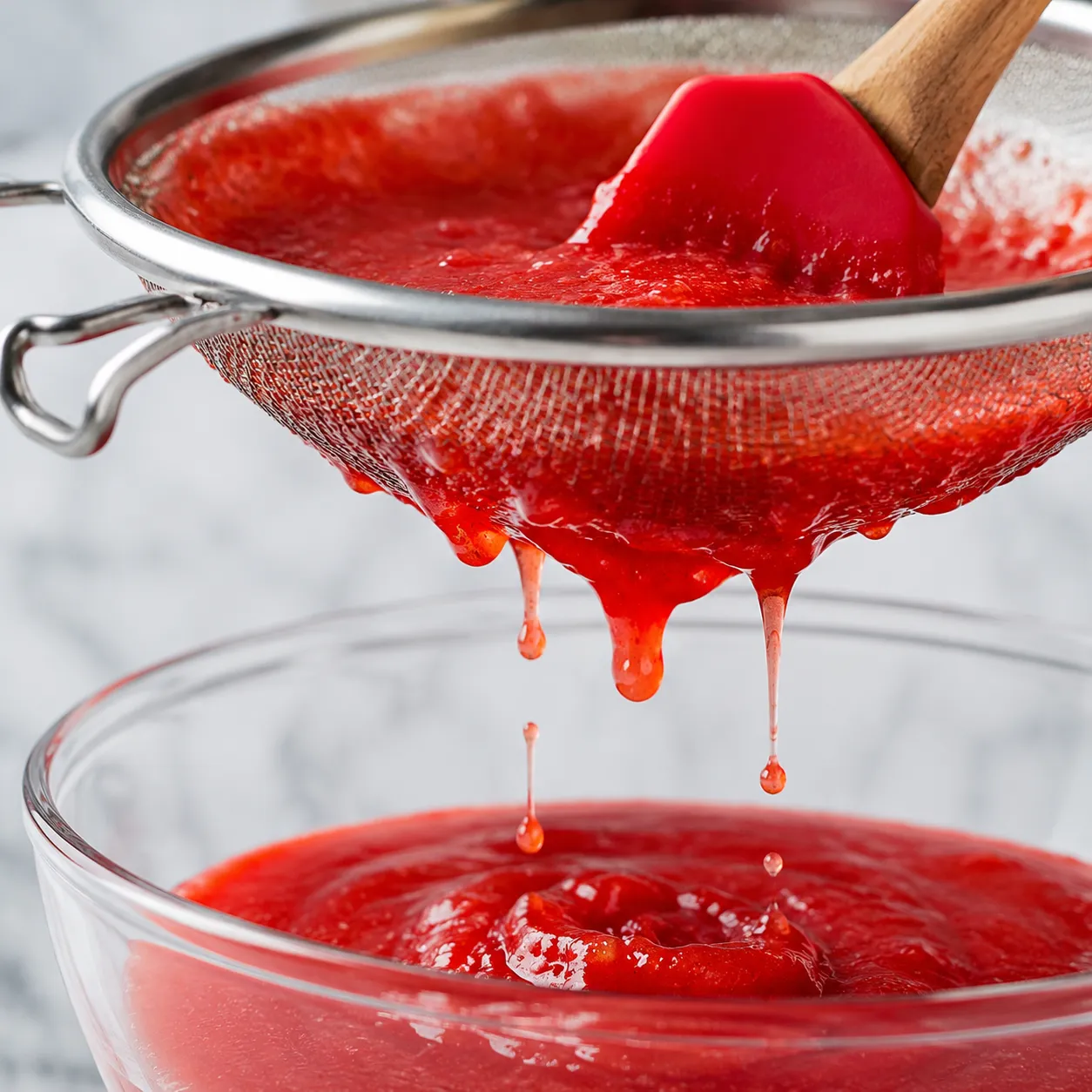 Straining strawberry puree through fine-mesh sieve for seedless texture