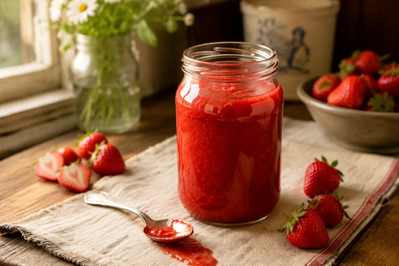 Finished homemade strawberry puree in a clear glass jar