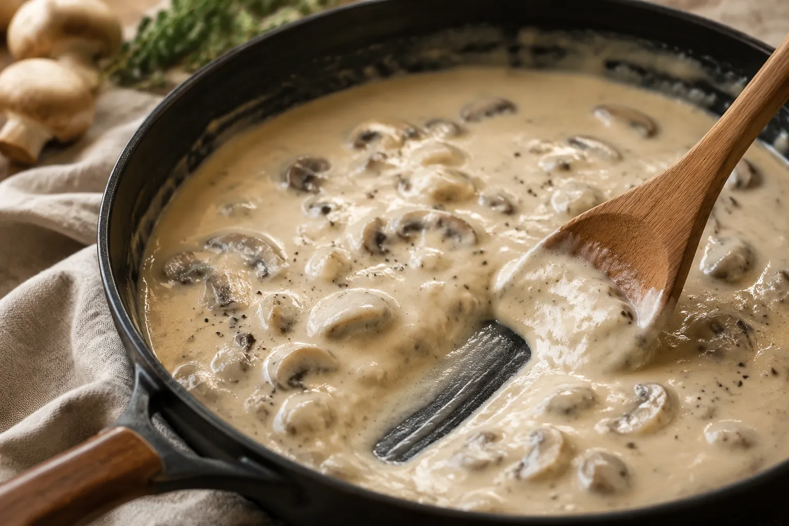Creamy mushroom parmesan sauce for turkey tetrazzini in a skillet