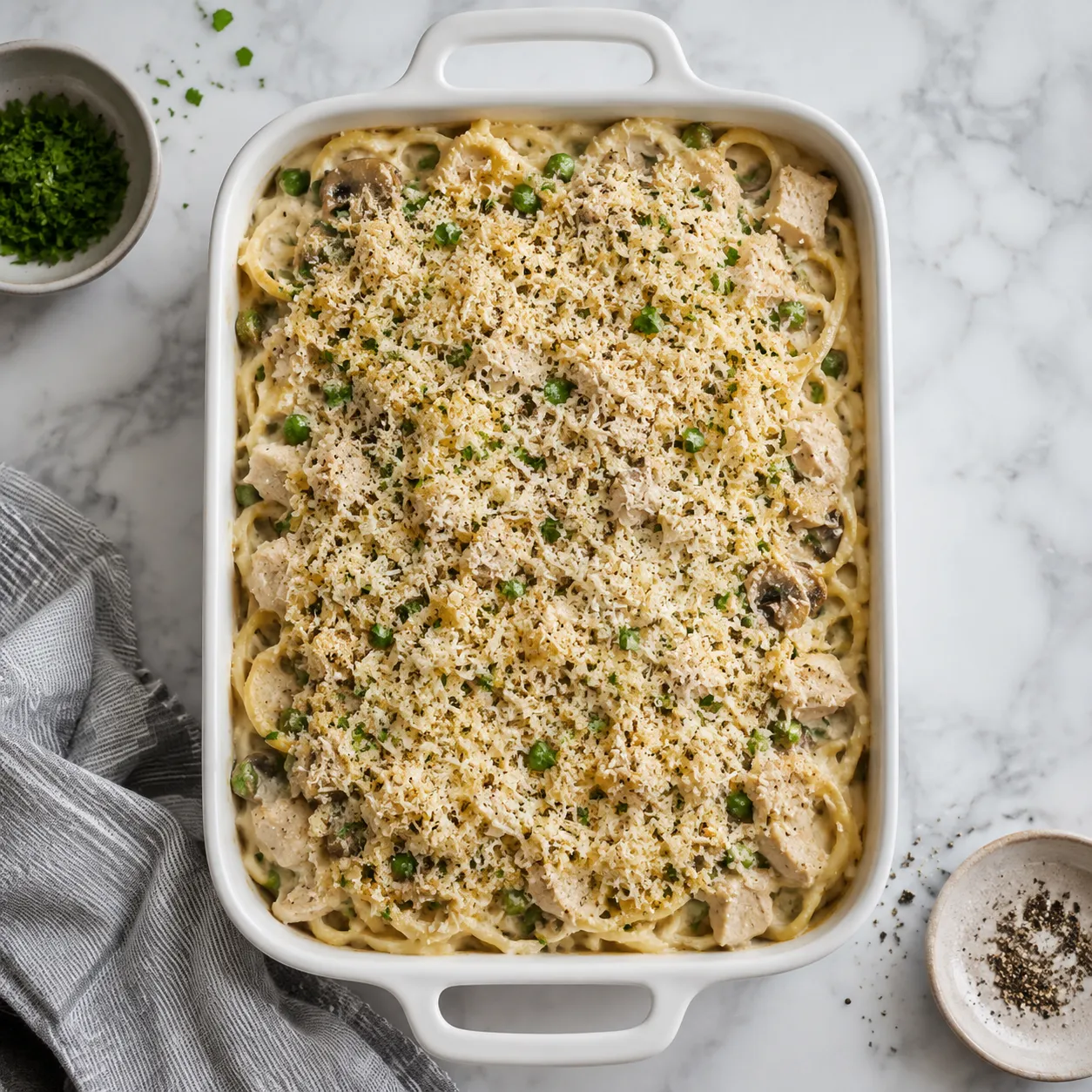 Assembled turkey tetrazzini topped with panko parmesan before baking