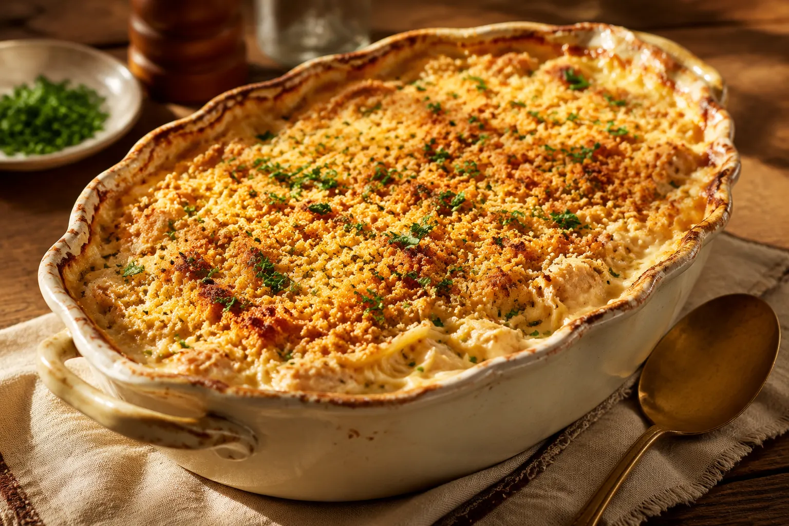 Baked turkey tetrazzini with golden parmesan breadcrumb topping