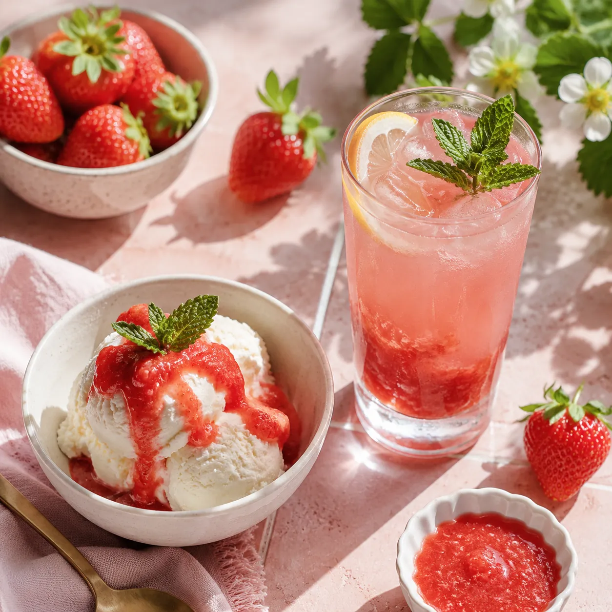 Strawberry puree serving ideas over ice cream and in lemonade