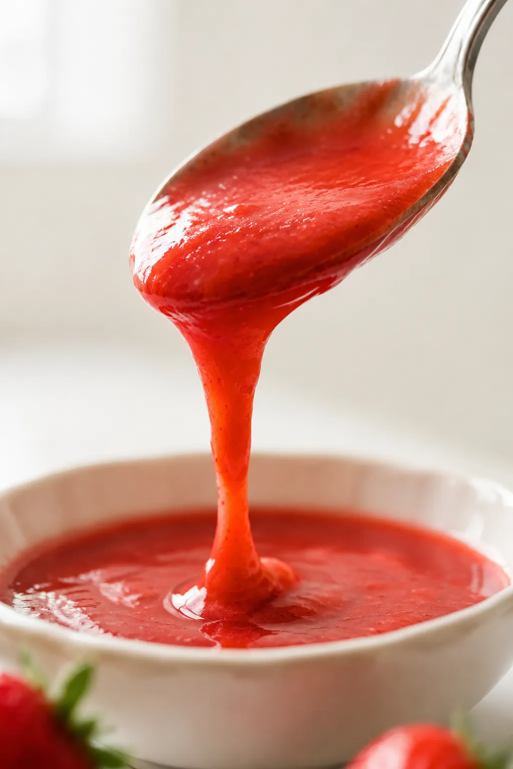 Close-up of silky smooth strawberry puree consistency on a spoon