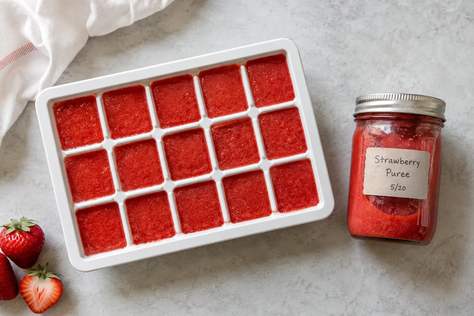 Freezing strawberry puree in ice cube trays for long-term storage