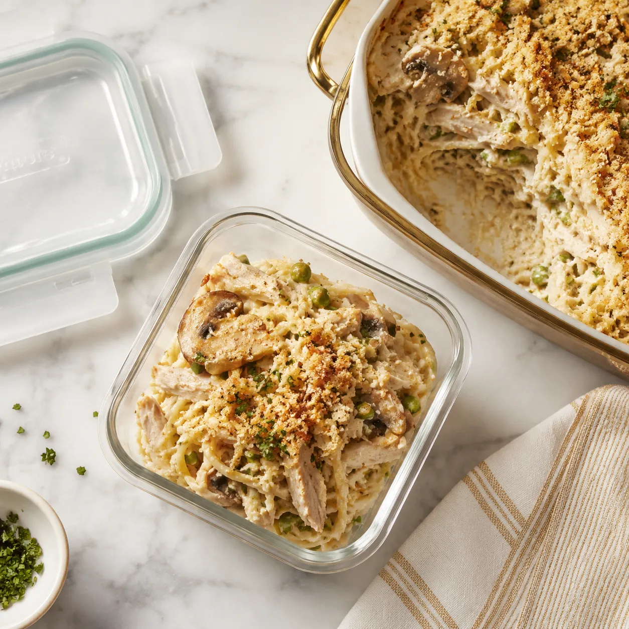 Leftover turkey tetrazzini stored in a glass container for the fridge