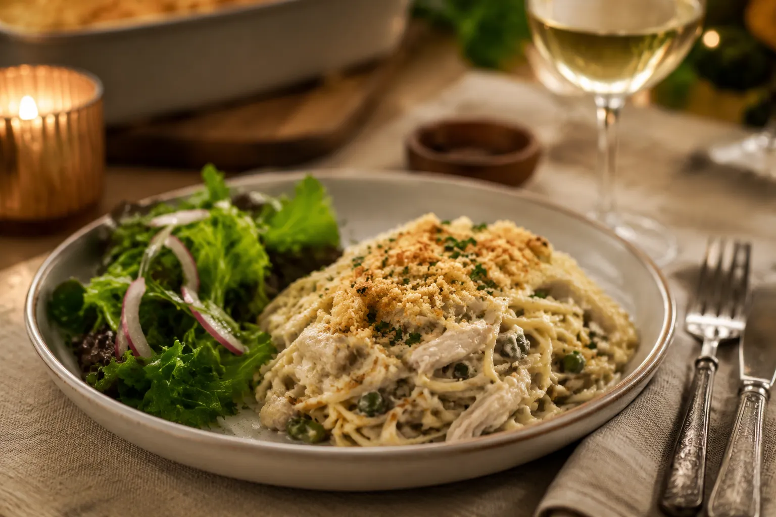 Turkey tetrazzini served on a plate with green salad for dinner
