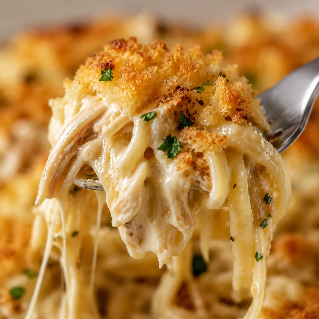 Close-up forkful of creamy turkey tetrazzini with shredded turkey and parmesan
